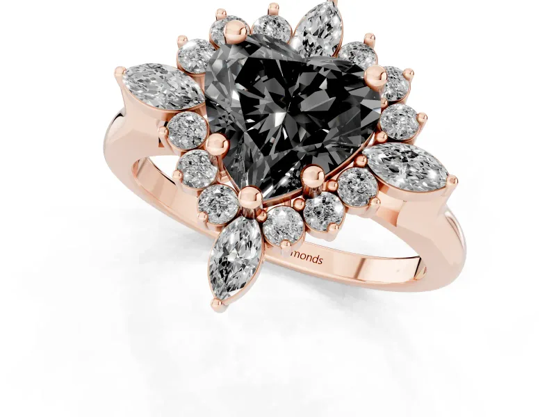 Heart-Shaped Cluster Halo Engagement Ring Setting for a Black Center | Rose Gold