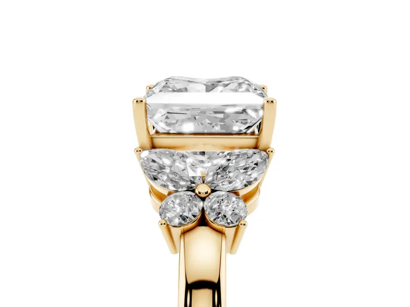 Princess Cut Diamond Solitaire Floral Ring Set in Yellow gold with Marquise Petals and Prong Setting