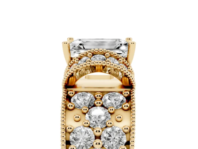 Emerald Cut Vintage Milgrain Pave Engagement Ring Setting | Crescent Side Rows | Yellow Gold