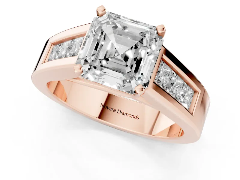 Asscher Cut Diamond Solitaire Ring Set in Rose gold with Channel-Set Accent Stones and Prong Setting