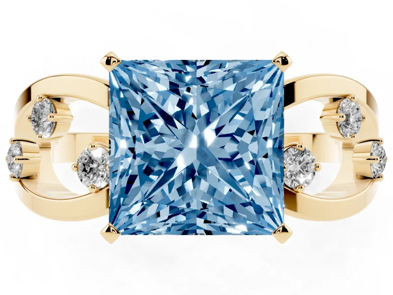 Fancy Blue Princess Cut Diamond Solitaire Ring Set in Yellow gold with Side Stones on Criss-Cross Band and Prong Setting