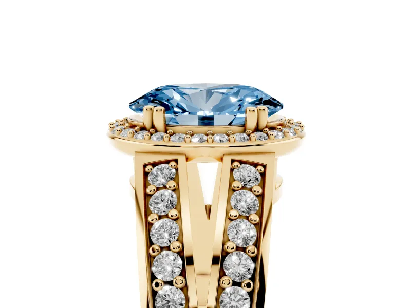 Oval Halo Engagement Ring Setting for a Fancy Blue Lab-Grown Diamond | Split Shank | Yellow Gold