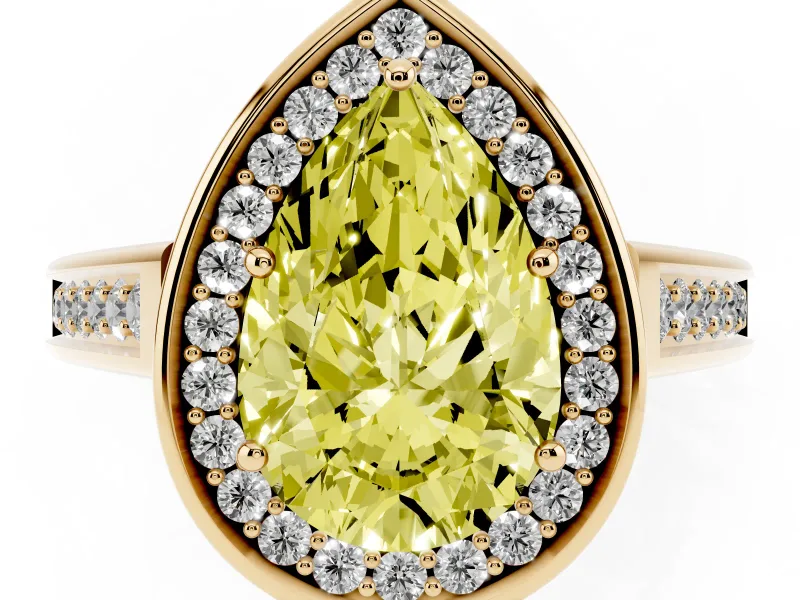Fancy Yellow Pear Cut Diamond Halo Solitaire Ring Set in Yellow gold with Pavé Band and Bezel Setting