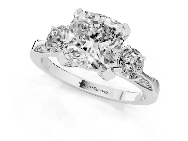 Cushion Cut Hidden Halo Three Stone Engagement Ring Setting | Pave Gallery | White Gold