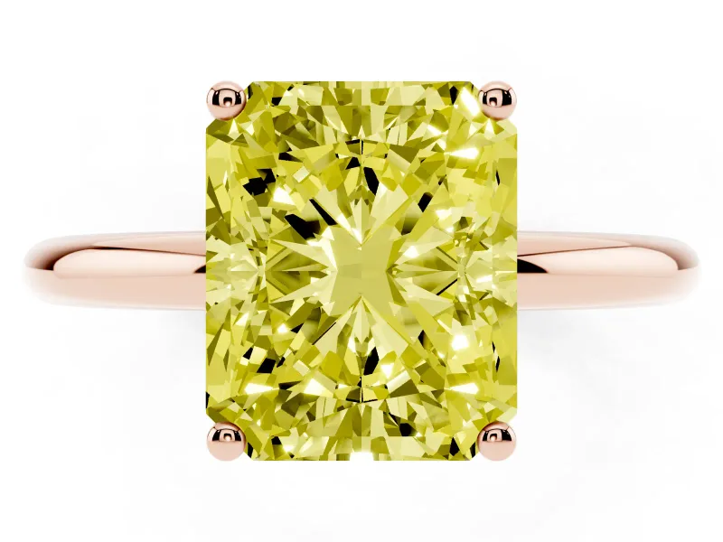 Fancy Yellow Radiant Cut Diamond Solitaire Engagement Ring Set in Rose gold with Prong Setting and Polished Band