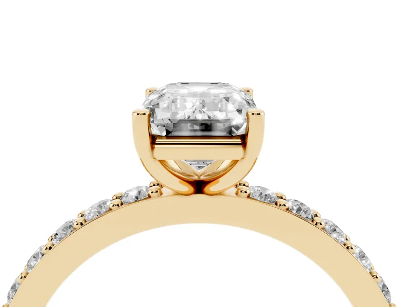 Emerald Cut Diamond Solitaire Set in Yellow gold with Round Pavé Band and Prong Setting