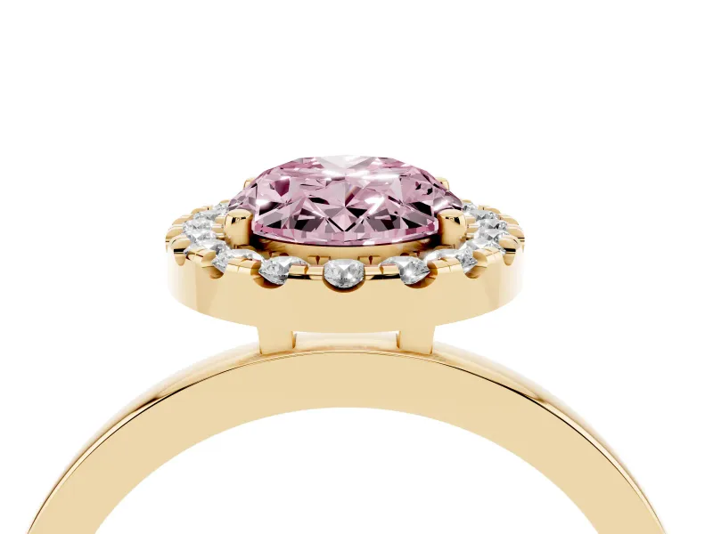 Fancy Pink Oval Cut Diamond Halo Solitaire Ring Set in Yellow gold with Pavé Band and Prong Setting