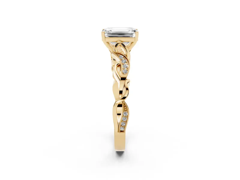 Emerald Cut Vintage Vine Solitaire Engagement Ring Setting | Milgrain Leaves | Yellow Gold
