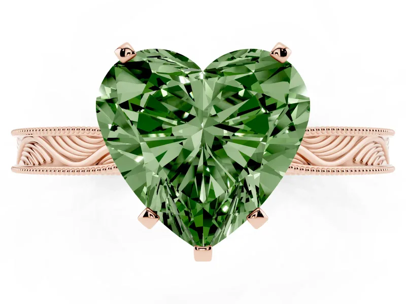 Fancy Green Heart Cut Diamond Solitaire Milgrain Engraved Band Set in Rose gold with Prong Setting