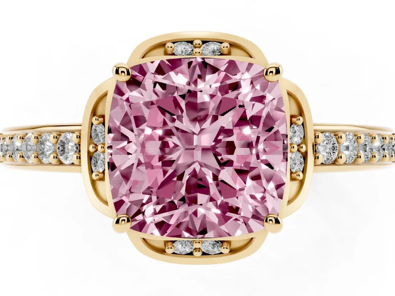 Cushion Cut Floral Pavé Engagement Ring Setting for a Fancy Pink Lab-Grown Diamond | Yellow Gold