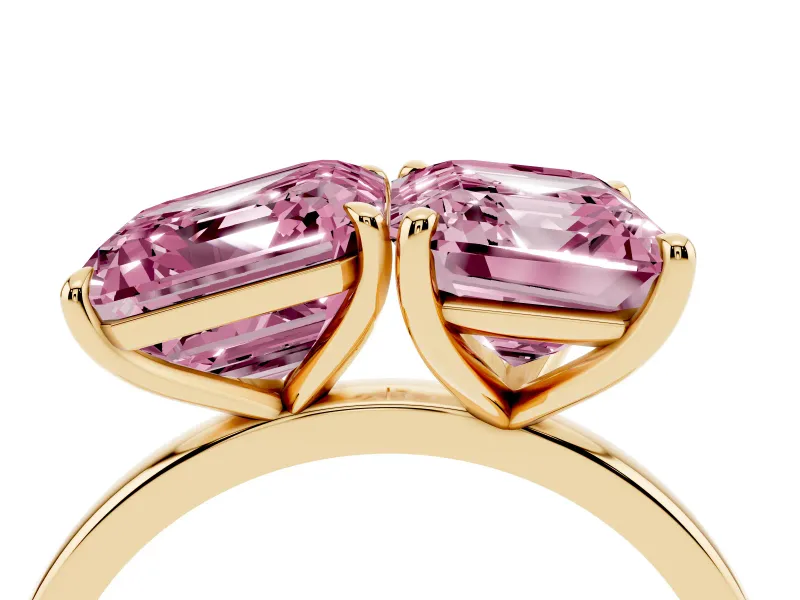 Fancy Pink Asscher Cut and Emerald Cut Toi Moi Ring Set in Yellow gold with Prong Setting
