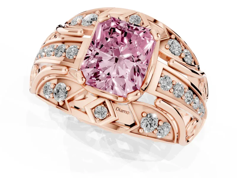 Radiant Cut Art Deco Engagement Ring Setting for a Fancy Pink Lab-Grown Diamond | Rose Gold
