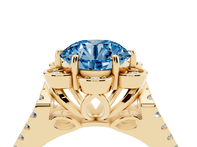 Round Floral Halo Engagement Ring Setting for a Fancy Blue Lab-Grown Diamond | Pavé Split Shank | Yellow Gold