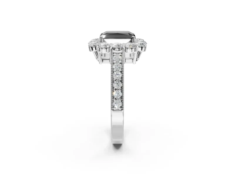 Fancy Black Radiant Cut Lab-Grown Diamond Halo Pavé Engagement Ring Set in White Gold with Milgrain Detailing