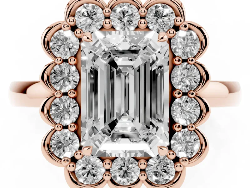 Emerald Cut Scalloped Cluster Halo Engagement Ring Setting | Plain Band | Rose Gold