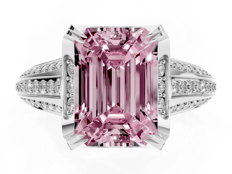 Emerald Cut Hidden Halo Engagement Ring Setting for a Fancy Pink Lab-Grown Diamond | Triple Row Pavé Band | White Gold
