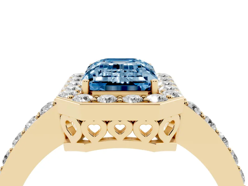 Fancy Blue Emerald Cut Diamond Halo Ring Set in Yellow gold with Pavé-Setting Band and Open Prong Center