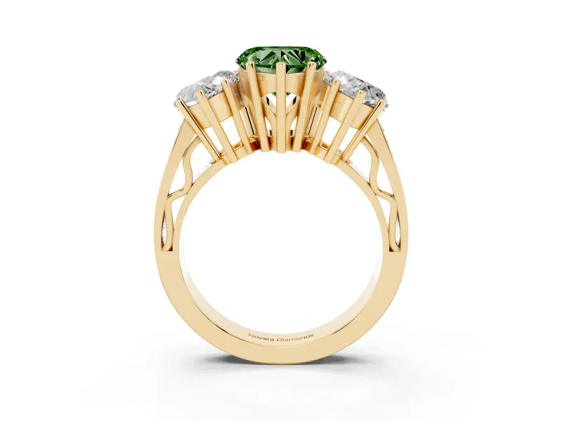 Heart-Shaped Three Stone Engagement Ring Setting for a Fancy Green Lab-Grown Diamond | Beaded Shoulders | Yellow Gold