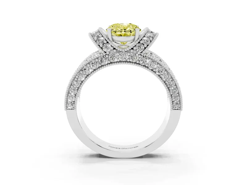 Oval Vintage Milgrain Pave Engagement Ring Setting for a Fancy Yellow Lab-Grown Diamond | Crescent Side Rows | Platinum