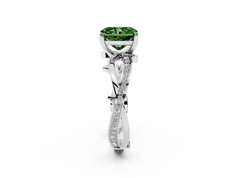 Fancy Green Radiant Cut Diamond Pavé Twist Band Solitaire Ring Set in Platinum with Prong Setting