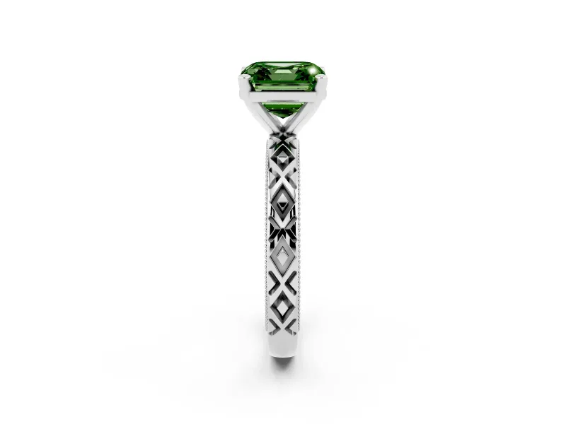 Fancy Green Asscher Cut Diamond Solitaire Ring Set in Silver with Milgrain and Black Enamel X Pattern Band
