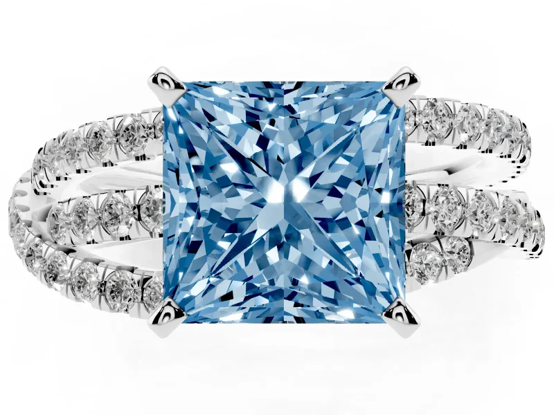 Fancy Blue Princess Cut Diamond Solitaire Twist Band Ring Set in Platinum with Pavé Setting and Prong Head