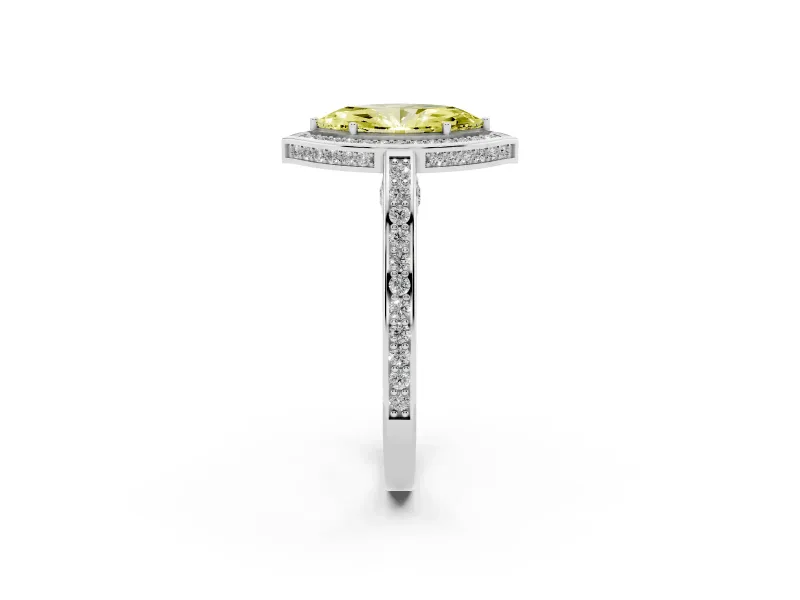 Fancy Yellow Marquise Cut Diamond Halo Pavé Split Shank Ring Set in White gold with Prong Setting