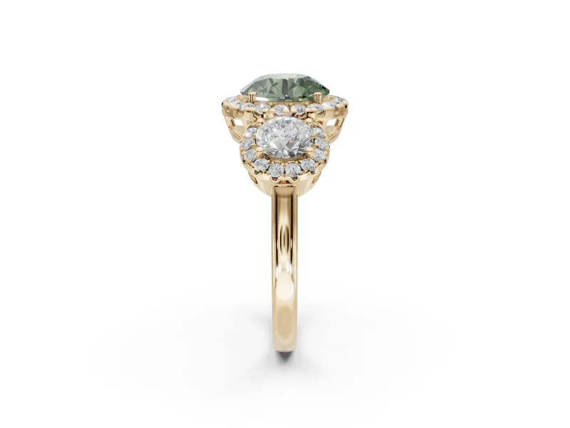 Round Three Stone Halo Engagement Ring Setting for a Fancy Green Lab-Grown Diamond | Yellow Gold