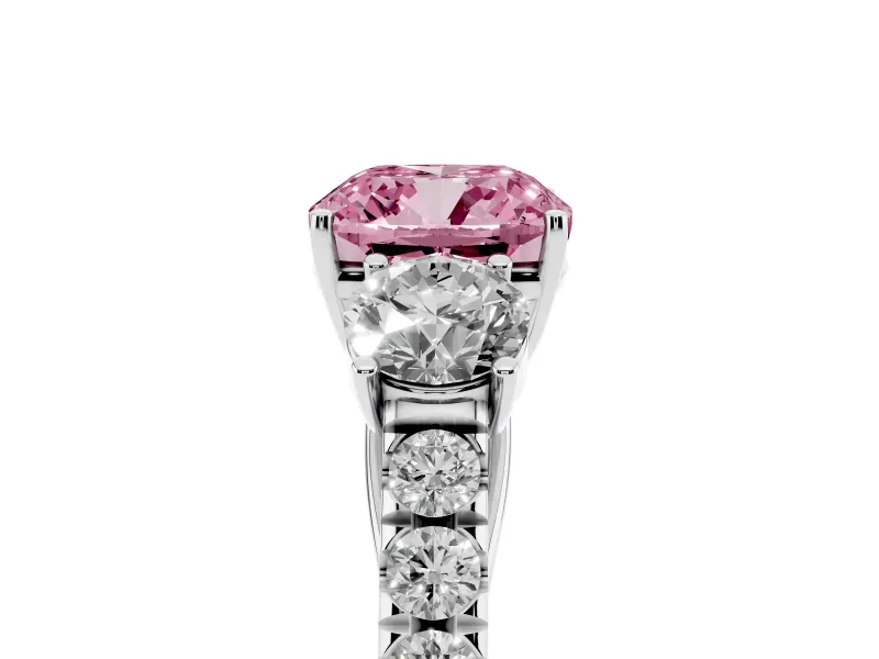 Fancy Pink Cushion Cut Diamond Three-Stone Ring Set in Silver with Round Side Stones and Delicate Pavé Band