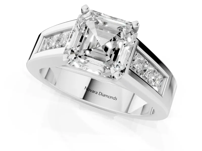 Asscher Cut Diamond Solitaire Ring Set in Silver with Channel-Set Accent Stones and Prong Setting