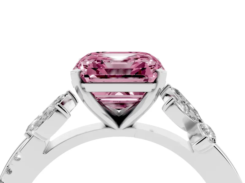 Fancy Pink Asscher Cut Diamond Floral Vine Solitaire Engagement Ring Set in White gold with Marquise Leaves
