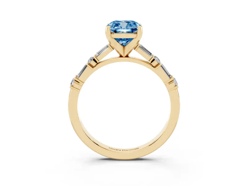 Cushion Cut Baguette Side Stone Engagement Ring Setting for a Fancy Blue Lab-Grown Diamond | Yellow Gold