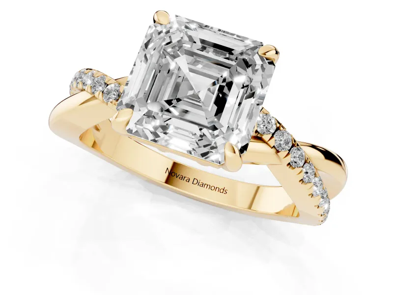 Asscher Cut Pavé Twist Engagement Ring Setting | Crossover Band | Yellow Gold