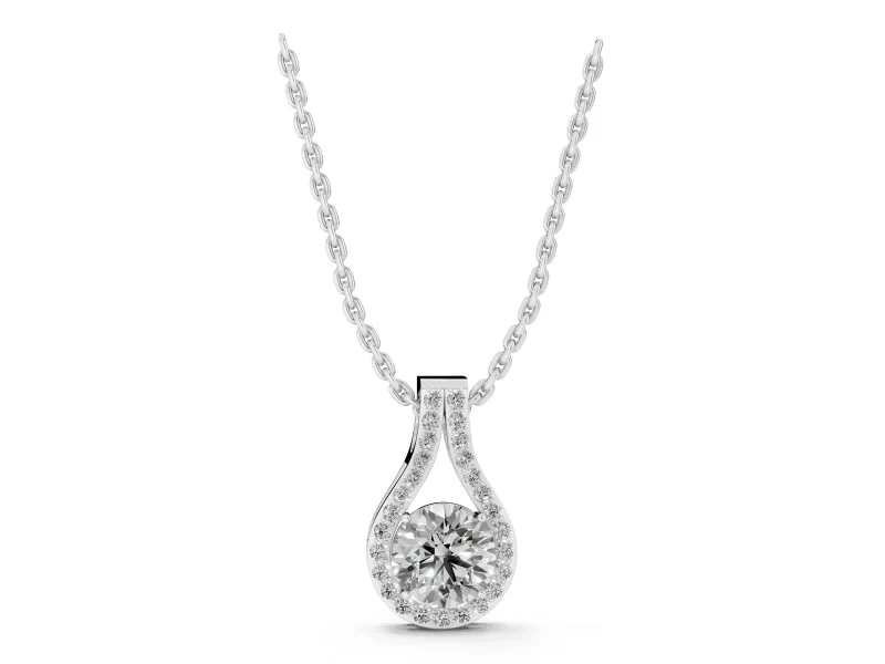 Round Lab-Grown Diamond Teardrop Halo Pendant Necklace | Split Pavé Bail | Sterling Silver