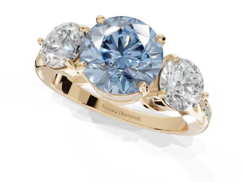 Round Three Stone Engagement Ring Setting for a Fancy Blue Lab-Grown Diamond | Tapered Pave Band | Yellow Gold