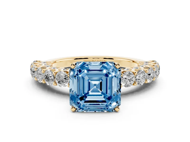 Fancy Blue Asscher Cut Diamond Solitaire Ring Set in Yellow gold with Shared Prong Pavé Band