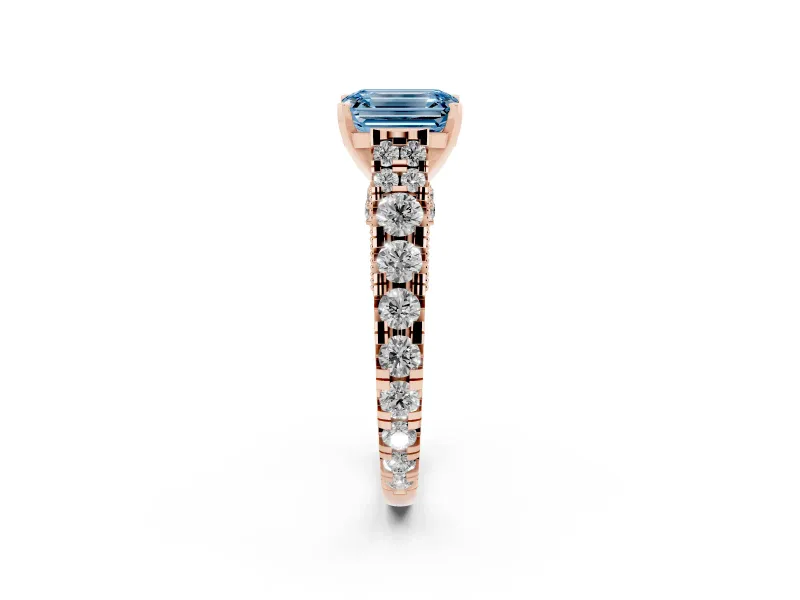 Emerald Cut Graduated Cathedral Engagement Ring Setting for a Fancy Blue Lab-Grown Diamond | Side Stones | Rose Gold