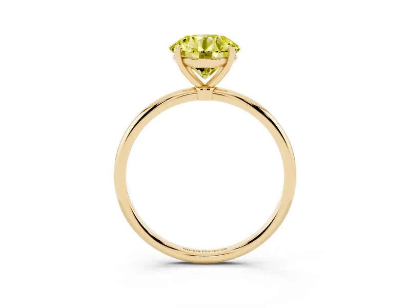 Fancy Yellow Round Cut Diamond Solitaire Engagement Ring Set in Yellow gold with Thin Band and Prong Setting