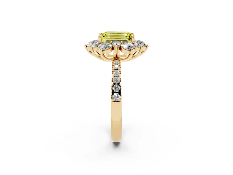 Emerald Cut Star Floral Halo Engagement Ring Setting for a Fancy Yellow Lab-Grown Diamond | Yellow Gold