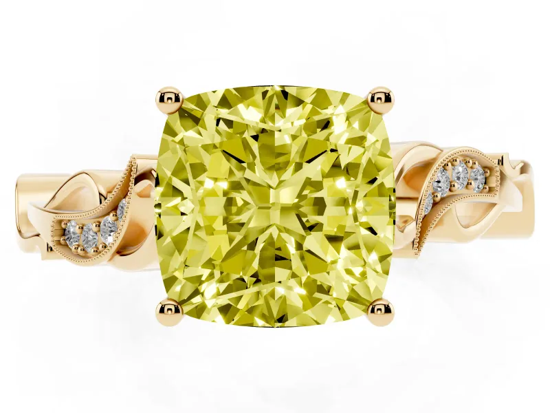 Cushion Cut Vine Engagement Ring Setting for a Fancy Yellow Lab-Grown Diamond | Yellow Gold