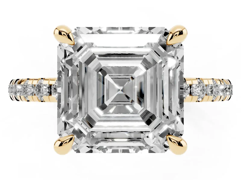 Asscher Cut Petite Pavé Solitaire Engagement Ring Setting | Slim Band | Yellow Gold