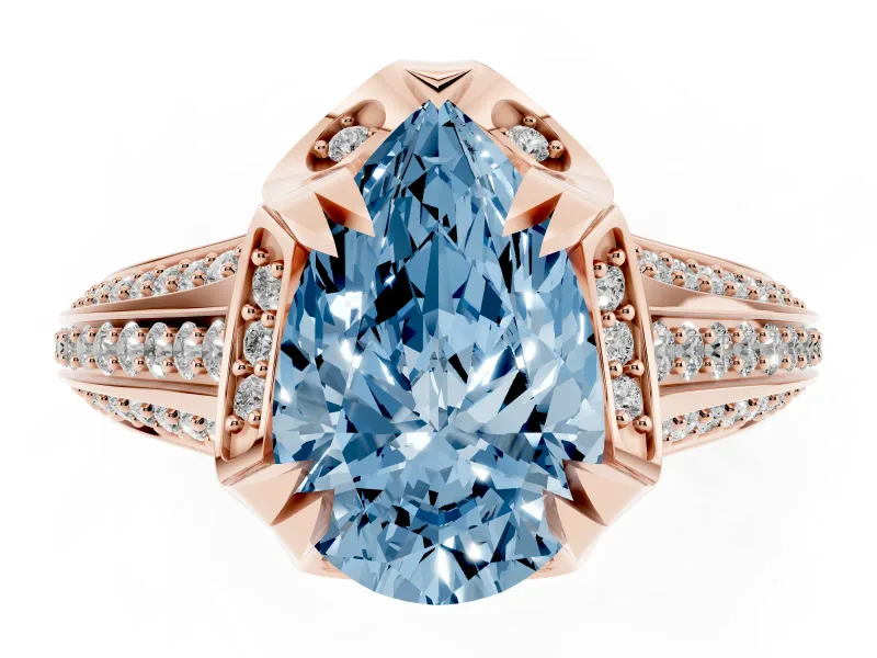 Pear-Shaped Hidden Halo Engagement Ring Setting for a Fancy Blue Lab-Grown Diamond | Triple Row Pavé Band | Rose Gold