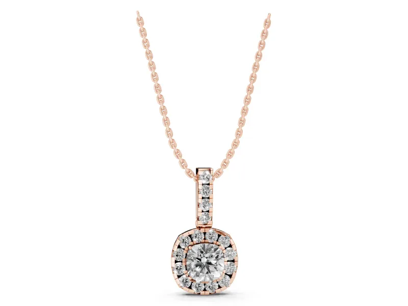 Cushion Cut Lab-Grown Diamond Halo Pendant Necklace | Prong-Set Stone Bail | Rose Gold