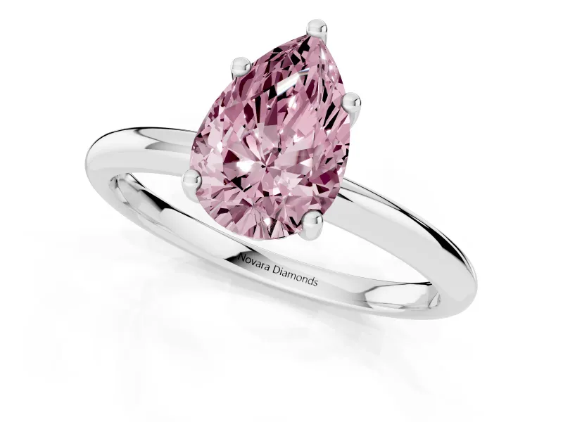 Fancy Pink Pear Cut Diamond Solitaire Engagement Ring Set in White gold with Prong Setting and Polished Band