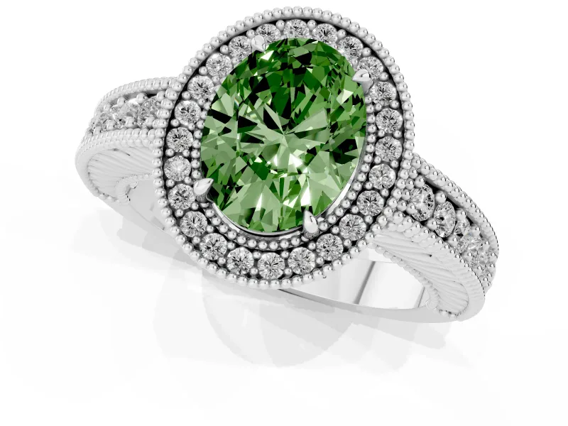 Fancy Green Oval Cut Diamond Halo Ring Set in Platinum with Round Accent Halo, Pavé Band and Prong Setting