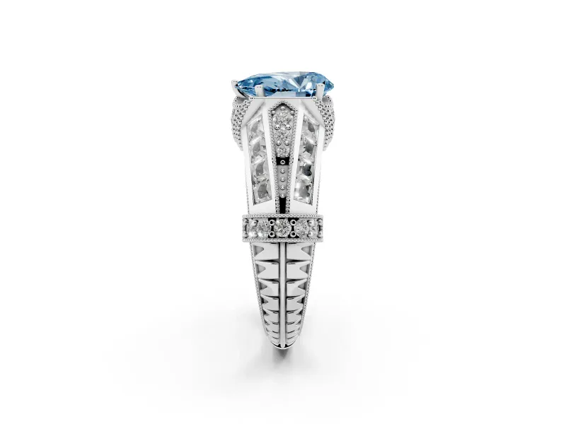 Fancy Blue Pear Cut Diamond Vintage-Inspired Milgrain Ring Set in Platinum with Accent Split Shank