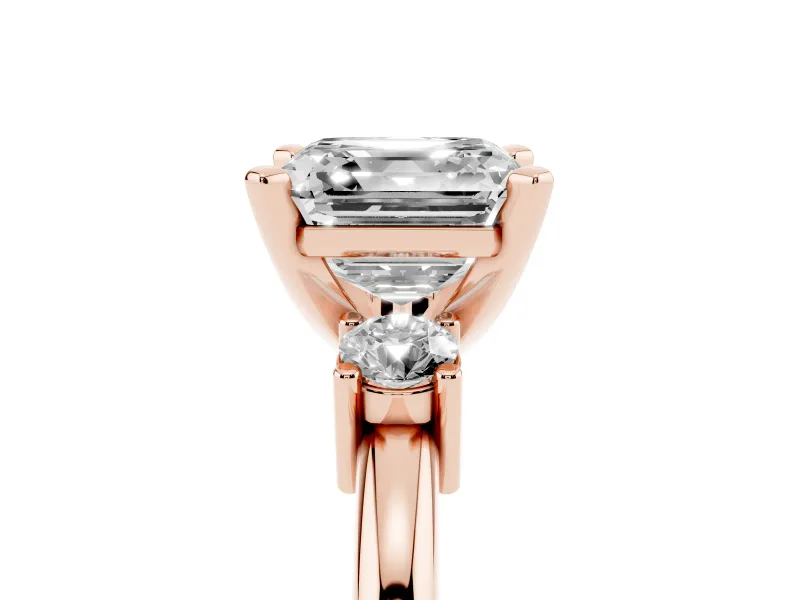 Three-Stone Asscher Cut Diamond Ring Set in Rose gold with Prong Setting and Plain Band