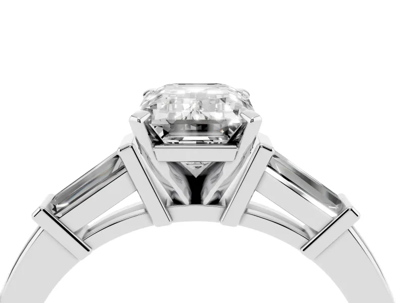 Emerald Cut Three-Stone Engagement Ring Setting | Tapered Baguettes | Sterling Silver