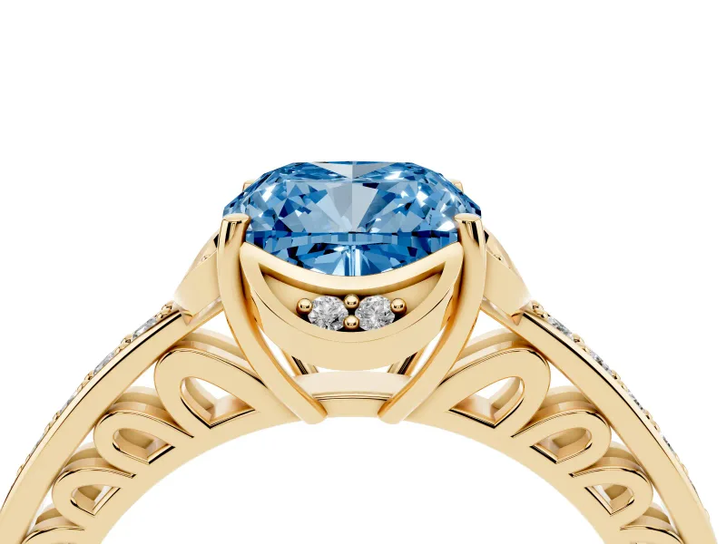 Cushion Cut Floral Pavé Engagement Ring Setting for a Fancy Blue Lab-Grown Diamond | Yellow Gold
