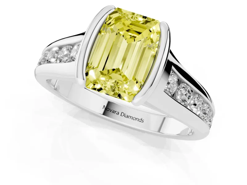 Emerald Cut Half Bezel Engagement Ring Setting for a Fancy Yellow Lab-Grown Diamond | Platinum